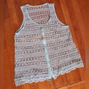 turquoise button up knitted lacy tank top no tag